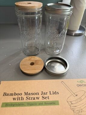 Ball Wide Mouth Mason Jars with Bamboo Straw Lids - Clear Glass